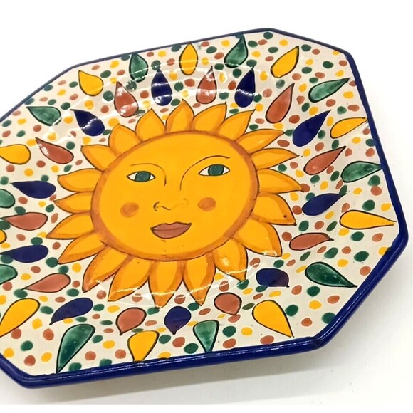Mexican Art Pottery 12" Octagonal Lead Free Platter Redware Sun Flower Design - Picture 3 of 8